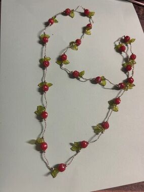 Handcrafted Red Bead and Green Leaf Long Necklace - Women Jewelry